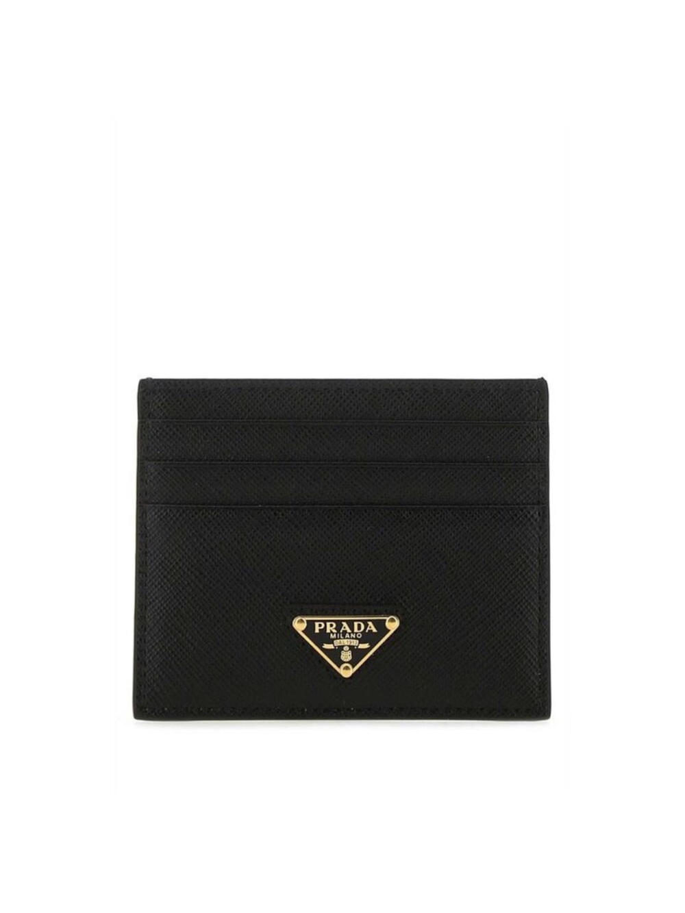 Fashion, Prada Black Saffiano Card Case with Gold Triangle Logo